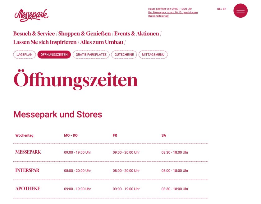 Website Einkaufszentrum Messepark, Öffnungszeiten