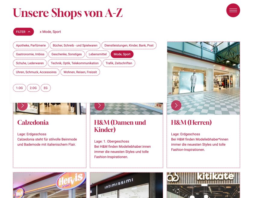Website Einkaufszentrum Messepark, Shop-Übersicht mit Filter